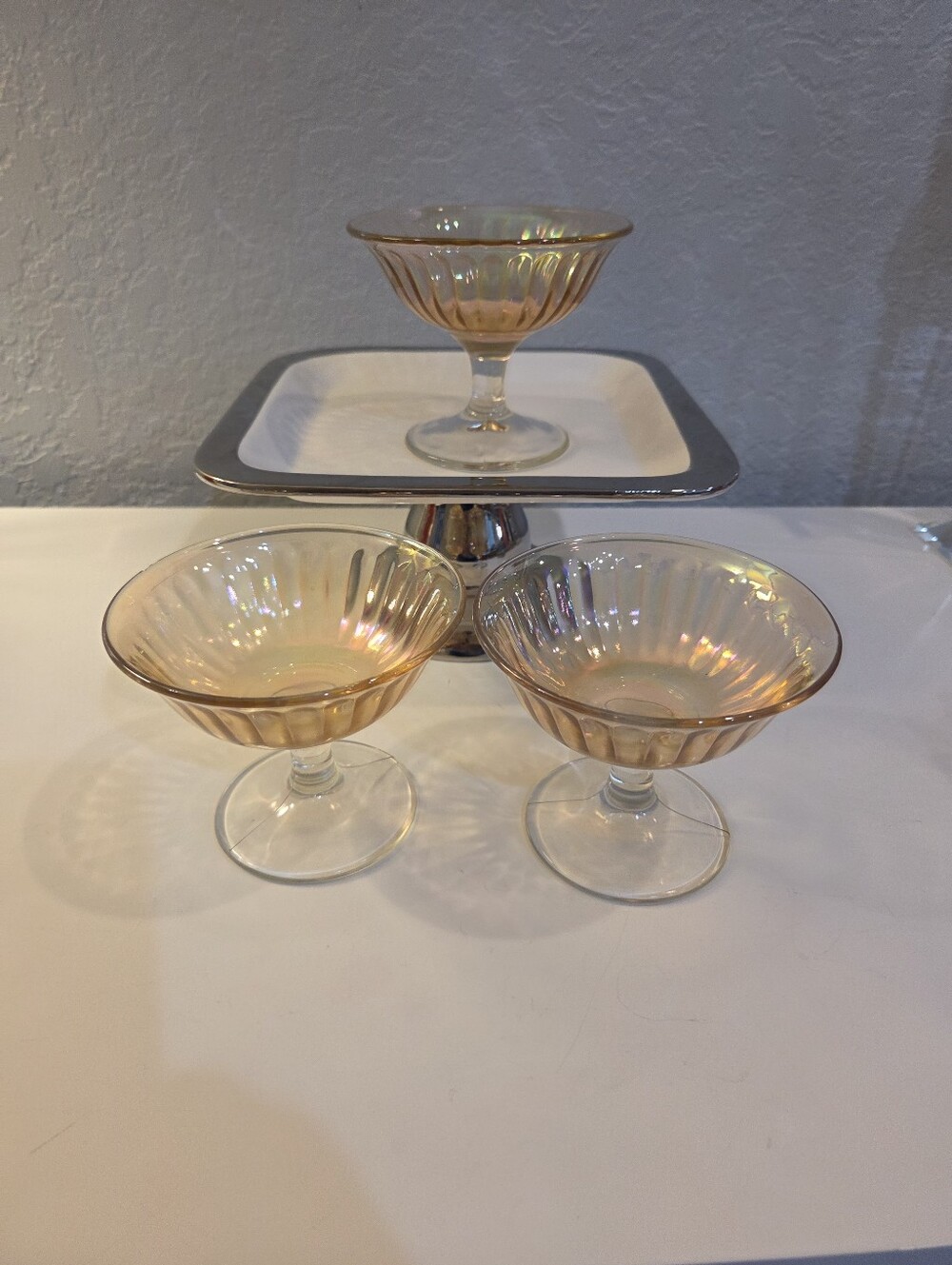 Set Of 3 Marigold Carnival Glass Champagne or Dessert Glasses